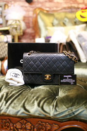 Vintage Chanel 2.55 Double Flap Black Quilted Leather Shoulder Bag Full Set