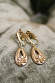 Golden Teardrop and Flowers Clip Earrings Signed by Trifari