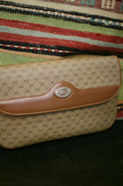 Vintage 1970s Gucci Brown Monogram PVC With Leather Trim Clutch