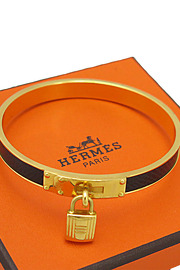 Authentic Pre owned HERMES Gold X Dark Brown Crocodile Embossed Leather Cadena Lock Motif Dangle Bangle with Box