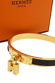 Authentic Pre owned HERMES Gold X Black Crocodile Embossed Leather Cadena H Lock Dangle Bangle with Box