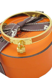 Authentic Pre owned Gold X HERMES Orange Leather Cadena Lock Motif Dangle Bangle with Box