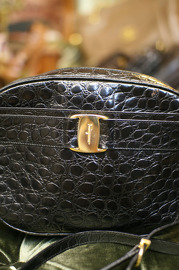 Vintage Authentic Ferragamo Croco Embrossed Black Lambskin Leather Shoulder Bag With Vera BOW