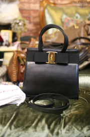 Vintage Salvatore Ferragamo Vara Ribbon Black Leather Kelly Shoulder Bag with Strap