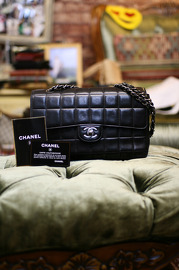 Authentic Pre Own Chanel Black Checkers Lambskin Leather with Chunky Silver Double Chain Purse