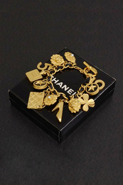 Vintage Chanel Black Leather x Gold Tone Iconic Motif Chain Charms Bracelet Beautiful