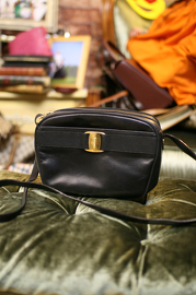 Vintage Authentic Ferragamo Black Calf Leather Shoulder Bag with Vera BOW
