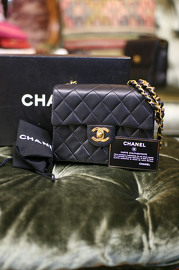 Vintage Chanel 7inch Mini Square Flap Black Quilted Lambskin Leather Shoulder Bag