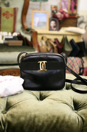 Vintage Authentic Ferragamo Small Black Calf Leather Shoulder Bag With Vera BOW
