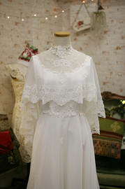 1980s Victorian Wedding Lace Gown with Long Train Sz M-L