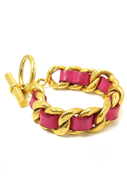 Vintage Chanel Shocking Pink Leather x Gold Chain Strap Bracelet