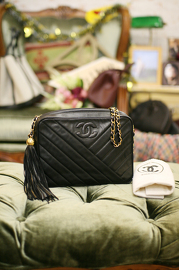 Vintage Authentic Chanel V Stitch Black Lambskin Fringe Bag