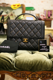 Chanel Vintage Black Caviar Quilted Leather Rare Extra Large Sized Kelly Style Hand Bag