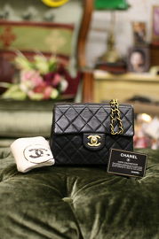 Vintage Chanel 7inch Mini Square Flap Black Quilted Lambskin Leather Shoulder Bag