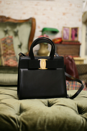 Vintage Salvatore Ferragamo Vara Ribbon Black Leather Kelly Shoulder Bag with Strap