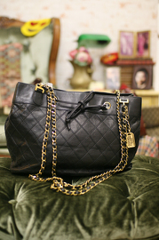 Vintage Chanel Black Quilted Leather Large Sized Tote Shoulder Bag