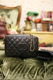 Vintage Chanel Black Caviar Quilted Leather Golden Ball Shoulder Bag Rare 25cm Wide