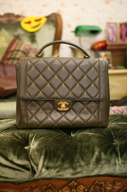 Chanel Vintage Greendish Brown Caviar Quilted Leather Rare Extra Large Sized Kelly Style Hand Bag