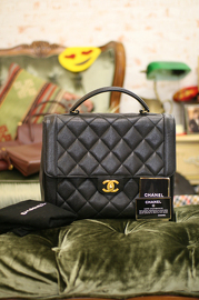 Chanel Vintage Black Caviar Quilted Leather Rare Extra Large Sized Kelly Style Hand Bag