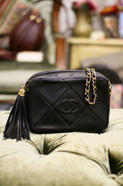 Vintage Chanel Black Quilted Leather Mini Shoulder Bag With Fringe