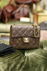 Vintage Chanel 7inch Mini Square Flap Brown Quilted Lambskin Leather Shoulder Bag Rare Colour
