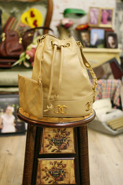 Vintage Chanel Beige Lambskin Leather Bucket Bag With Golden CC Logo At The Bottom