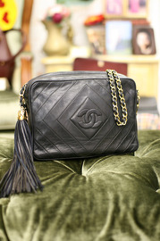 Vintage Chanel Black Lambskin Rhombus Style Leather Tassel Shoulder Bag