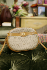 Vintage 1980s Beige Christian Dior Canvas Leather Trim Oval Shaped Shoulder Bag