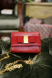 Vintage Salvatore Ferragamo Vara Ribbon Red Embrossed Lizard Leather Mini Purse With Golden Strap Waist Pouch