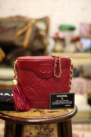 Vintage Chanel Red Quilted Leather Shoulder Fringe Bag