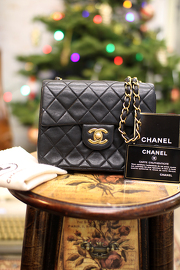 Vintage Chanel 7inch Mini Square Flap Black Quilted Lambskin Leather Shoulder Bag