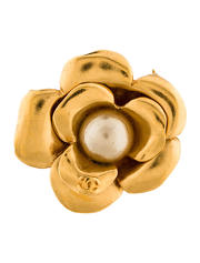 Vintage Chanel Camellia Golden Flower Brooch with a Faux Pearl in the middle