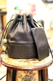 Vintage Chanel Black Caviar Leather Medium Bucket Bag Rare Size