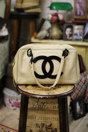 Pre Owned Chanel Beige Bowler Bag with Plastic Black CC Logo Playful