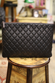 Pre Own Chanel Black Oversized Quilted Lambskin leather Clutch O-Case