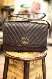 Vintage Chanel Brown Caviar V-Stitch Shoulder Bag with Golden CC Logo