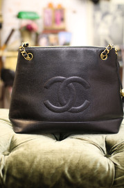 Vintage Chanel Black Medium Caviar Leather Tote Bag with gold-tone hardware