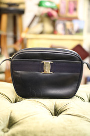 Vintage Authentic Ferragamo Navy Leather Shoulder Bag With Vera BOW