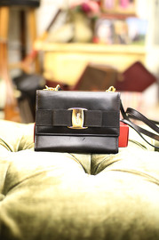 Salvatore Ferragamo Vintage Black Leather Vara Bow Wallet with Leather Strap