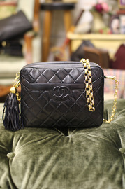 Vintage Chanel Black Quilted Leather Fringe Shoulder Camera Bag