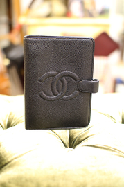 Authentic Vintage Chanel Black Large Sized Agenda Caviar Leather Cover