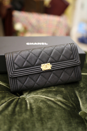 New Chanel Rare Boy Chanel Caviar Leather Wallet with Golden Hardware