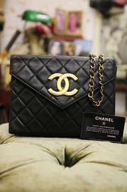 Vintage Chanel Black Lambskin Envelope Shoulder Bag with Giant CC Logo Clutch Style