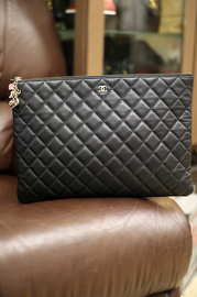 Crazy SALE! Pre Own Chanel Black Oversized Quilted Lambskin Leather Clutch O-Case with Bag Charm and Navy Lining