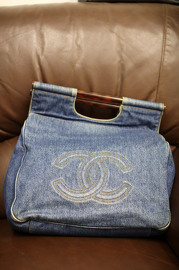 Vintage Chanel Denim Big Tote Clutch with Tortoise Handle