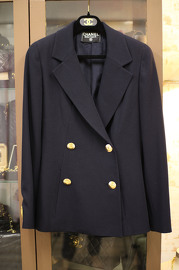 Vintage Chanel Navy Double Breasted Blazer with CC Golden Buttons and Embroidery Details on Sleeves