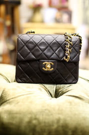 Vintage Chanel 7inch Mini Square Flap Black Quilted Lambskin Leather Shoulder Bag