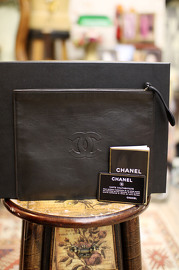 Vintage Chanel Black Lambskin Clutch Bag Camelia and CC Logo on both sizes