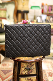 Pre Own Chanel Black Oversized Quilted Caviar Leather Clutch O-Case with Black Lining
