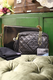 Vintage Chanel Black Lambskin Fringe Bag Full Set with Box